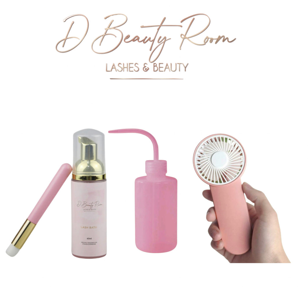 Lash bath, rinse bottle & fan